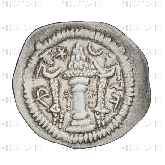 Drachma of Peroz I (ruler of Persia; 459–484). Obverse: bust of Peroz I facing right, wearing a crown with a crescent and korymbos, with a second crescent in front of the crown; Pahlavi legend. Reverse: fire altar; to the left the ruler stretching his hands to a star, to the right a priest stretching his hands to a crescent; signs/monograms on both sides; pearl border; Pahlavi legend. Sassanid art, Sassanid Kingdom; Iran/Persia. Coin; diameter 25.5 × 28.0 mm, weight 4.10 g.