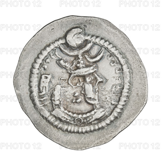 Drachma of Peroz I (ruler of Persia; 459–484). Obverse: bust of Peroz I facing right, wearing a crown topped with a korymbos; Pahlavi inscription. Reverse: fire altar; to the left the ruler stretching his hands to a star, to the right a priest stretching his hands to a crescent; signs/monograms on both sides; pearl rim; Pahlavi inscription. Sassanid art; Sassanid Kingdom; Persia. Date: 459–484. Coin; diameter 26.0–26.5 mm; weight 4.00 g.