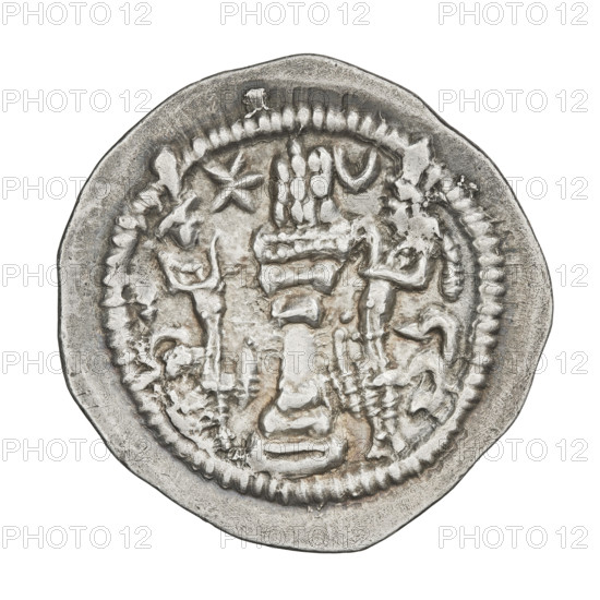 Drachma of Peroz I (ruler of Persia; 459–484). Obverse: bust of Peroz I facing right, wearing a crown topped with a korymbos; Pahlavi inscription. Reverse: fire altar; at left the ruler stretching his hands to a star, at right a priest stretching his hands to a crescent; signs/monograms on both sides; pearl rim; Pahlavi inscription. Sassanid Kingdom, Sassanid art; Persia, 459–484. Coin: diameter 26.0–26.5 mm, weight 4.00 g.