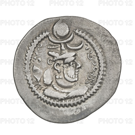 Drachma of Peroz I (ruler of Persia, 459–484). Obverse: bust of Peroz I right, wearing a crown with a crescent and korymbos; Pahlavi inscription. Reverse: fire altar with king and priest at its sides, a star and crescent nearby; pearl rim; Pahlavi inscription. Sassanid art; Persia/Iran. Coin; diameter 25.0 × 27.0 mm, weight 3.94 g.