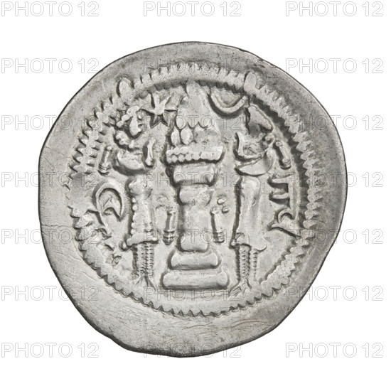 Drachma of Peroz I (ruler of Persia, 459–484). Obverse: bust of Peroz I right, wearing a crown with a crescent and korymbos; Pahlavi inscription. Reverse: fire altar with king and priest at its sides, flanked by a star and a crescent; pearl rim; Pahlavi inscription. Sassanid art; Persia (Iran). Coin, diameter 25.0 × 27.0 mm, weight 3.94 g.