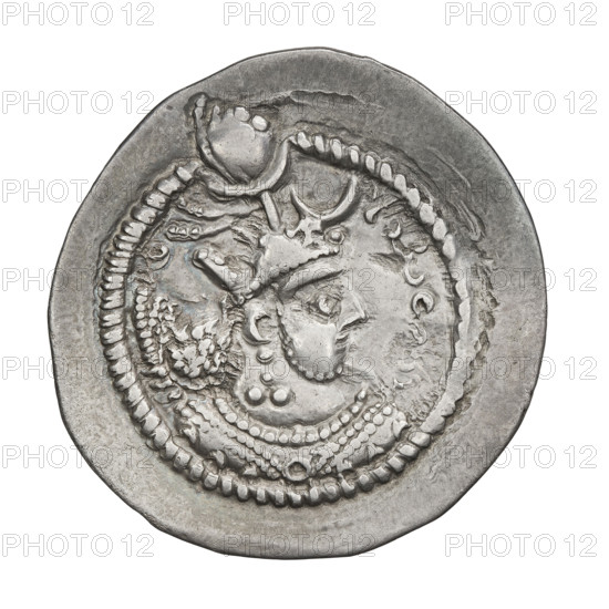 Drachma of Peroz I (ruler of Persia, 459–484). Obverse: bust of Peroz facing right wearing a crown with a crescent and korymbos; a second crescent in front of the crown; Pahlavi inscription. Reverse: fire altar flanked by the king and a priest, above the altar a star and a crescent; pearl rim; Pahlavi inscription. Sassanid art, Sassanid Kingdom, Persia (Iran). Coin, diameter 26.5–27.5 mm, weight 4.70 g.