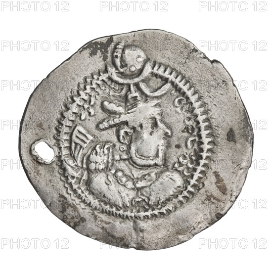 drachma, Peroz I (ruler of Persia; 459–484), obv.: bust of Peroz I facing right; on his head a crown with a crescent and korymbos, a crescent in front, Pahlavi inscription. rev.: fire altar, above it a star and a crescent, on its sides the ruler and the priest, on both sides signs/monograms; pearl rim, Pahlavi inscription. Sassanid art, Sassanid Kingdom, Persia, 459–484, coin; diameter 27.0 x 28.5 mm, weight 3.65 g