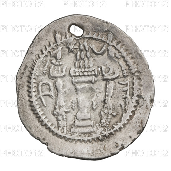 Drachma of Peroz I (ruler of Persia; 459–484). Obverse: bust of Peroz I facing right; he wears a crown with a crescent and korymbos, with a crescent in front and Pahlavi inscription. Reverse: fire altar with a star and a crescent above; on its sides the ruler and the priest, with signs/monograms on both sides; pearl rim and Pahlavi inscription. Sassanid art; Sassanid Kingdom; Persia; fire altar motif. Coin; diameter 27.0 × 28.5 mm; weight 3.65 g. Maker: Protassowicki, Rafal (1894–1957).