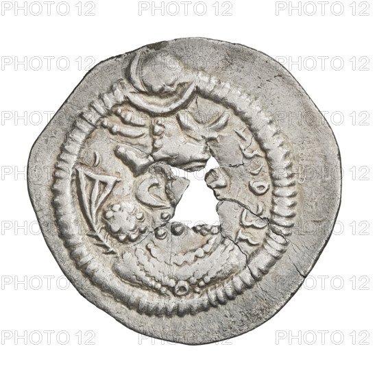 Drachma of Peroz I (ruler of Persia; 459–484). Obverse: bust of Peroz I facing right wearing a crown with a crescent and korymbos; in front of the crown a second crescent, behind the crown two fluttering ribbons; Pahlavi legend. Reverse: fire altar; to its left the ruler stretching his hands to a star, to its right a priest stretching his hands to a crescent; signs/monograms on both sides; pearl rim; Pahlavi legend. Punch-through through the center. Sassanid art; Sassanid Kingdom; Iran/Persia. Coin: diameter 27.0 mm, weight 3.80 g.