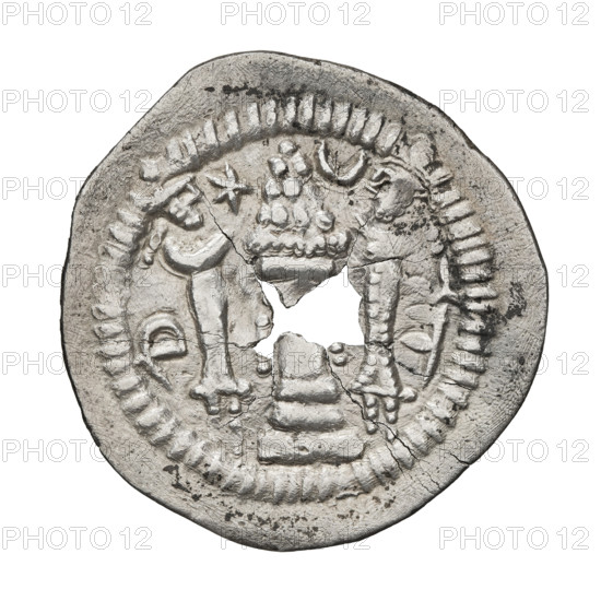 drachma, Peroz I (ruler of Persia; 459–484), busts, crowns, crescents, altars, moons, wings, Iran, Persia, fire altar, Sassanid art, Sassanid Kingdom, korymbos. Obv.: bust of Peroz I facing right; on his head a crown with a crescent and korymbos, in front of the crown a second crescent, behind the crown two fluttering ribbons. Pahlavi legend. Rev.: fire altar; to its left the ruler stretching his hands to a star, to its right a priest stretching his hands to a crescent; on both sides signs/monograms; pearl rim. Pahlavi legend. Coin has a punch-through through the center. Date: 459–484. Persia. Medium: coin. Diameter: 27.0 mm. Weight: 3.80 g.
