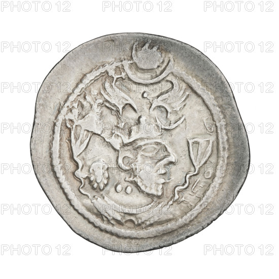 Drachma of Peroz I (ruler of Persia; 459–484). Obverse: bust of Peroz I facing right; he wears a crown with wings, above it a crescent topped with a korymbos. Pahlavi legend. Reverse: fire altar; at left the ruler stretching his hands to a star, at right a priest stretching his hands to a crescent; on both sides signs/monograms; pearl rim. Pahlavi legend. Sassanid art/style. Iran (Persia), 459–484. Coin: diameter 26.0 × 26.5 mm, weight 4.12 g.
