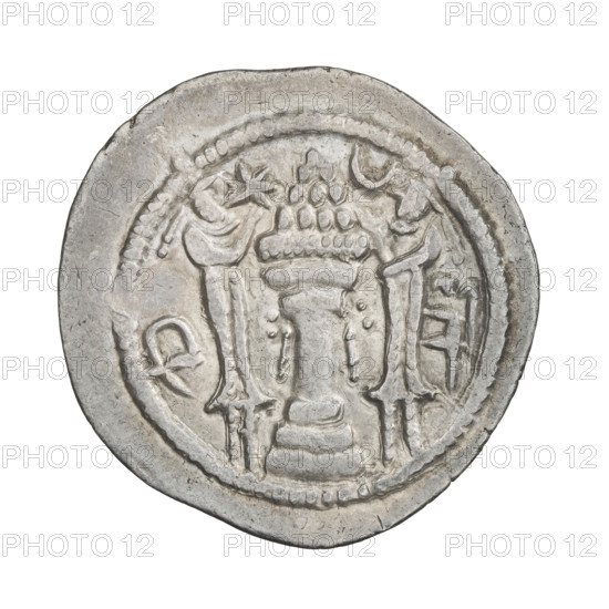 Drachma of Peroz I (ruler of Persia; 459–484). Obverse: bust of Peroz I facing right wearing a crown with wings; above it a crescent topped with a korymbos. Pahlavi legend. Reverse: fire altar; to the left the ruler stretching his hands to a star, to the right a priest stretching his hands to a crescent; signs/monograms on both sides; pearl rim. Pahlavi legend. Sassanid art/style; Sassanid Kingdom; Iran/Persia. Coin: dia. 26.0–26.5 mm, weight 4.12 g.