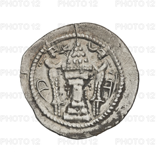 Drachma of Peroz I (ruler of Persia, 459–484). Obverse: bust of Peroz I facing right; he wears a winged crown topped by a crescent with a korymbos; Pahlavi legend. Reverse: fire altar with two orants (king and priest?) at the sides; above the altar a star and a crescent; pearl rim; Pahlavi legend. Sassanid art; Persia. Coin diameter 26.0–26.5 mm, weight 3.95 g.