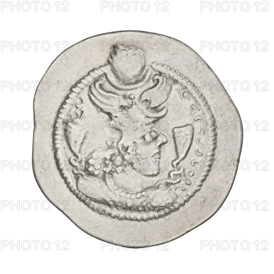 Drachma of Peroz I (ruler of Persia; 459–484). Obverse: bust of Peroz I facing right, wearing a crown with wings, above which is a crescent with korymbos; Pahlavi legend. Reverse: fire altar flanked by the king and a priest, above the fire a star and a crescent; pearl rim; Pahlavi legend. Sassanid art; Sassanid Kingdom; motifs include wings, altars, crowns, busts, korymbos, fire altar. Date: 459–484 (Persia). Coin: diameter 27.0 × 28.0 mm, weight 4.10 g.