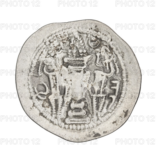 Drachma of Peroz I (ruler of Persia; 459–484). Obverse: bust of Peroz I facing right, wearing a crown with wings, above which is a crescent with a korymbos; Pahlavi legend. Reverse: fire altar flanked by the king and a priest, above the fire a star and a crescent; pearl rim; Pahlavi legend. Sassanid art; Sassanid Kingdom; Iran/Persia. Iconography includes wings, altars, crowns, busts, fire altar, korymbos. Date: 459–484. Coin: diameter 27.0 × 28.0 mm, weight 4.10 g.