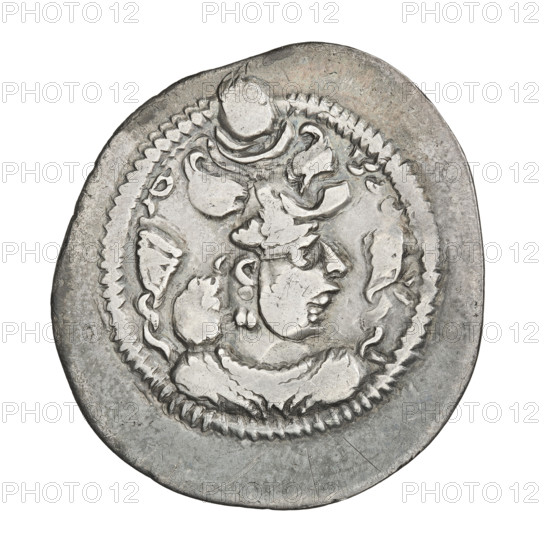 drachma, Peroz I (ruler of Persia; 459–484), obverse: bust of Peroz I right wearing a crown with wings, above it a crescent topped with a korymbos, Pahlavi legend; reverse: fire altar, to its left a ruler stretching his hands to a star, to its right a priest stretching his hands to a crescent, pearl rim, Pahlavi legend; Sassanid art, Sassanid Kingdom, Persia; fire altar motif; coin, diameter 27.0 mm, weight 3.92 g, 459–484.