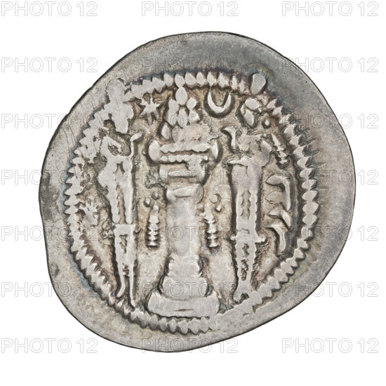 Drachma of Peroz I (ruler of Persia; 459–484). Obverse: bust of Peroz I right; he wears a crown with wings, above it a crescent topped with a korymbos, with Pahlavi legend. Reverse: fire altar; to its left a ruler stretching his hands to a star, to its right a priest stretching his hands to a crescent, pearl rim, Pahlavi legend. Sassanid art; Sassanid Kingdom; Persia. Coin: diameter 27.0 mm, weight 3.92 g.