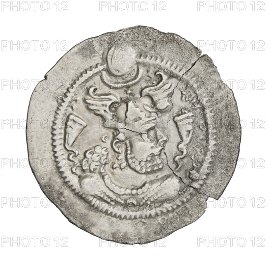 Drachma of Peroz I (ruler of Persia; 459–484). Obverse: bust of Peroz I facing right wearing a crown with wings; above it a crescent topped by a korymbos; Pahlavi legend. Reverse: fire altar; at its left the ruler stretching his hands to a star, at its right a priest stretching his hands to a crescent; signs/monograms on both sides; pearl rim; Pahlavi legend. Sassanid art; Persia (Sassanid Kingdom). Coin; diameter 26.0 mm; weight 3.57 g.