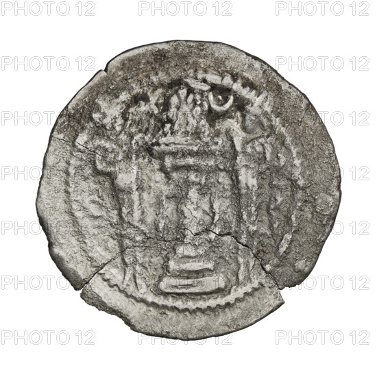 Drachma of Peroz I (ruler of Persia; 459–484). Obverse: bust of Peroz I facing right; he wears a crown with wings, above it a crescent topped by a korymbos; Pahlavi legend. Reverse: fire altar; to its left the ruler stretching his hands to a star, to its right a priest stretching his hands to a crescent; on both sides signs/monograms; pearl rim; Pahlavi legend. Sassanid art, Sassanid Kingdom; Persia (Iran). Coin: diameter 26.0 mm, weight 3.57 g.