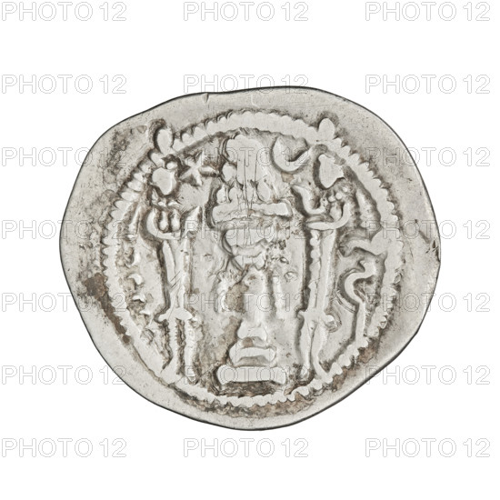 Drachma of Peroz I (ruler of Persia, 459–484). Obverse: bust of Peroz I facing right; he wears a crown with wings, above it a crescent topped with a korymbos; Pahlavi legend. Reverse: fire altar; at left the ruler stretching his hands to a star, at right a priest stretching his hands to a crescent; signs/monograms on both sides; pearl rim; Pahlavi legend. Sassanid art, Sassanid Kingdom; motifs include wings, crowns, busts, altars, moons; Iran/Persia. Coin: diameter 24.0–27.0 mm, weight 3.30 g; dated 459–484.