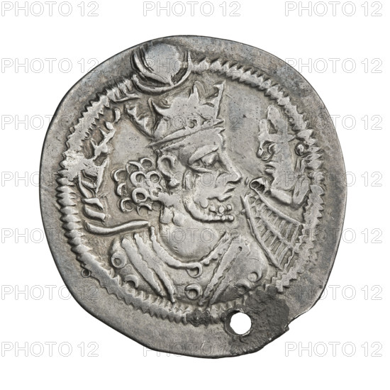 Drachma of Balashi (484–488). Obverse: bust of Balashi facing right; he wears a crown with a crescent topped by a korymbos. Pahlavi legend. Reverse: fire altar; to the left the ruler stretching his hands to a star, to the right a priest stretching his hands to a crescent, with signs/monograms on both sides; pearl rim. Pahlavi legend. Coin with intentional hollow hole (possibly used as a pendant). Persia (Sassanid), Sassanid art; materials: coin. Diameter 26.5 × 28.0 mm; weight 3.44 g.