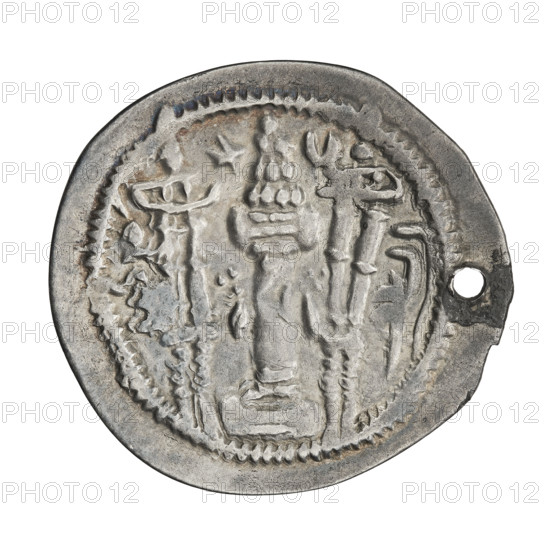 Drachma of Balashi (484–488). Obverse: bust of Balashi facing right wearing a crown with a crescent topped by a korymbos; Pahlavi legend. Reverse: fire altar; at left the ruler stretching his hands to a star, at right a priest stretching his hands to a crescent, with signs/monograms on both sides and a pearl rim; Pahlavi legend. Intentional hollow hole—possibly used as a pendant. Persia (Sassanid), Sassanid art; materials: coin. Diameter 26.5 × 28.0 mm; weight 3.44 g.