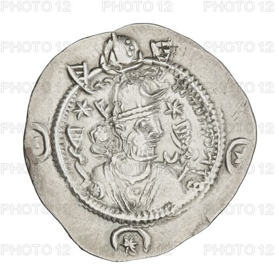 Drachma of Kavadh I (ruler of Persia; 488–496 and 498–531). Obverse: bust of Kavadh I facing right; wearing a crown with ribbons decorated with a crescent and korymbos, a crescent in front, and two stars flanking the crown; short curly beard, curly hair tied back, earring in one ear, beads and long chain around his neck, ribbons flowing from behind his shoulders; outside the rim three crescents with a star in the center. Pahlavi legend. Reverse: fire altar; left of altar the ruler stands facing forward holding a sword, right of altar a priest stands facing forward holding a sword; top left a star, top right a crescent, signs/monograms on both sides; pearl rim. Dates: 488–497, 499–531. Persia (Iran). Coin: diameter 30.0–30.5 mm, weight 4.09 g. Sassanid art; Sassanid Kingdom; motifs: crescent with star, crowns, altars, moons, korymbos.