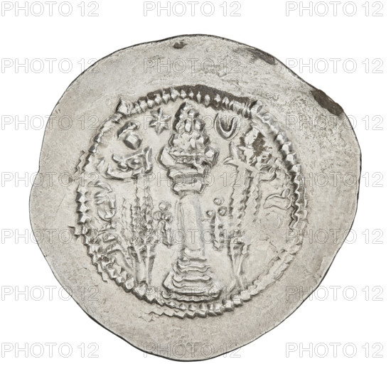 Drachma of Kavadh I (r. 488–496 and 498–531). Obverse: bust of Kavadh I facing right wearing a crown with ribbons, decorated with a crescent and korymbos, a crescent in front, and a star on either side of the crown; short curly beard, hair tied back, earring in one ear, beads and long chain around his neck, ribbons flowing from behind his shoulders; three crescents with a star in the center outside the rim; Pahlavi legend. Reverse: fire altar; left of altar the ruler stands facing forward holding a sword, right of altar a priest stands facing forward holding a sword; star at top left and crescent at top right; signs/monograms on both sides; pearl rim; Pahlavi legend. Sassanid art; Sassanid Kingdom; Persia (Iran); dates c. 488–497, 499–531. Coin: diameter 30.0–30.5 mm, weight 4.09 g.