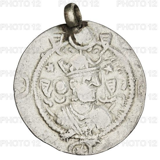 drachma, Kavadh I (ruler of Persia; 488–496 and 498–531), busts, crowns, crescents, ribbons, altars, moons, Iran, Persia, fire altar, Sassanid art, Sassanid Kingdom, korymbos. Obv.: bust of Kavadh I facing right; on his head a crown with a crescent and korymbos, a crescent in front of the crown, stars on either side, short curly beard, curly hair tied back, an earring in his ear, beads and a long chain around his neck, ribbons flowing from behind his shoulders, crescents on both sides of the bust; outside the rim, three crescents with a star in the center. Pahlavi legend. Rev.: fire altar; to its left the ruler stands facing forward with a sword in his hand, to the right a priest stands facing forward holding a sword, above left a star, above right a crescent, with signs/monograms on both sides; pearl rim. Pahlavi legend. Coin has an eyelet. Date: 488–496 and 498–531. Persia. Medium: coin. Dimensions: diameter 26.5 x 27.5 mm; weight 3.90 g.