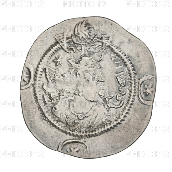 Drachma of Kavadh I (ruler of Persia; 488–496 and 498–531). Obverse: bust of Kavadh I facing right; he wears a crown with ribbons, decorated with a crescent and korymbos, a crescent in front, and two stars on either side of the crown; short curly beard, curly hair tied back, an earring in one ear, beads and a long chain around his neck, ribbons flowing from behind his shoulders, crescents on either side of the bust; outside the rim three crescents with a star in the center. Pahlavi legend. Reverse: fire altar; left of the altar the ruler stands facing forward holding a sword, to the right a priest stands facing forward holding a sword; star at top left and crescent at top right; signs/monograms on both sides; pearl rim. Dated to 488–497, 499–531. Persia (Sassanid), Sassanid art; materials/technique: silver coin; diameter 27.5–28.0 mm, weight 4.10 g.