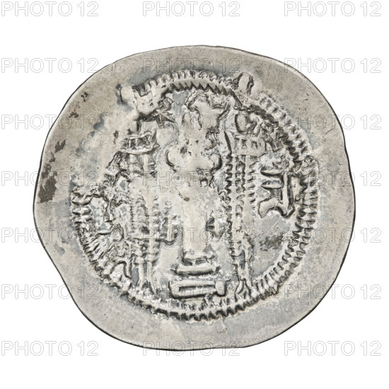 drachma, Kavadh I (ruler of Persia; 488–496 and 498–531). Obverse: bust of Kavadh I facing right; crown with ribbons decorated with a crescent and korymbos, a crescent in front, and two stars on either side of the crown; short curly beard, curly hair tied back, an earring in one ear, beads and a long chain around his neck, ribbons flowing from behind his shoulders; crescents on either side of the bust; outside the rim three crescents with a star in the center. Pahlavi legend. Reverse: fire altar; left of altar the ruler stands facing forward holding a sword, right of altar a priest stands facing forward holding a sword; top left a star, top right a crescent; signs/monograms on both sides; pearl rim. Sassanid art; Sassanid Kingdom; Persia (Iran). Date: 488–497, 499–531. Coin: drachma; diameter 27.5–28.0 mm; weight 4.10 g.