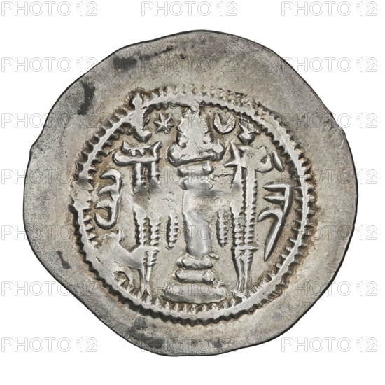 Drachma of Kavadh I (ruler of Persia; 488–496 and 498–531). Obverse: bust of Kavadh I facing right; wearing a crown with ribbons, decorated with a crescent and korymbos, a crescent in front, and two stars on either side of the crown; short curly beard, curly hair tied back, earring, beads and long chain around his neck, ribbons flowing behind his shoulders, crescents on either side of the bust; outside the rim three crescents with a star in the center; Pahlavi legend. Reverse: fire altar; to its left the ruler stands facing forward holding a sword, to its right a priest stands facing forward holding a sword; star at top left and crescent at top right; signs/monograms on both sides; pearl rim; Pahlavi legend. Date: 488–497, 499–531. Persia (Iran). Coin. Diameter 28.0 × 29.0 mm; weight 4.08 g. Sassanid art; Sassanid Kingdom.