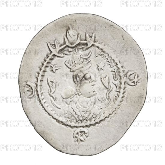 drachma, Kavadh I (ruler of Persia; 488–496 and 498–531); obverse: bust of Kavadh I facing right wearing a crown with ribbons, crescent topped with a korymbos, a crescent in front, stars on both sides of the helmet, short curly beard, curly hair tied back, earring, beads and long chain around the neck, ribbons flowing from behind the shoulders, crescents on both sides of the bust; outside the rim three crescents with a star in the center; Pahlavi legend. Reverse: burning fire altar; left of altar the ruler stands facing forward with a sword, right of altar a priest stands facing forward holding a sword; star at top left, crescent at top right, signs/monograms on both sides; pearl rim; Pahlavi legend. Sassanid art; Sassanid Kingdom; Iran/Persia; date c. 488–497, 499–531. Coin: diameter 28.0 × 31.0 mm, weight 4.00 g.