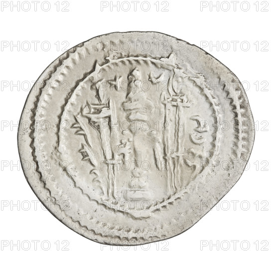 Drachma of Kavadh I (ruler of Persia, reigns 488–496 and 498–531). Obverse: bust of Kavadh I facing right — crown with ribbons topped by a korymbos and a crescent, a crescent in front, stars on both sides of the helmet; short curly beard, curly hair tied back, earring, beads and long chain around the neck, ribbons flowing from behind the shoulders, crescents on both sides of the bust; outside the rim three crescents with a star in the center; Pahlavi legend. Reverse: burning fire altar; left of altar the ruler stands facing forward holding a sword, right of altar a priest stands facing forward holding a sword; star at top left, crescent at top right, signs/monograms on both sides; pearl rim; Pahlavi legend. Sassanid art; Sassanid Kingdom, Persia (Iran). Date: c. 488–497 and 499–531. Coin: diameter 28.0 × 31.0 mm, weight 4.00 g.