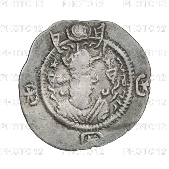 Drachma of Kavadh I (ruler of Persia; 488–496 and 498–531). Obverse: bust of Kavadh I facing right; wearing a crown with ribbons, decorated with a crescent topped by a korymbos, stars on either side, short curly beard, curly hair tied back, earring, beads and a long chain around his neck, ribbons flowing from behind his shoulders, crescents on both sides of the bust; outside the rim three crescents with a star in the center. Pahlavi legend. Reverse: fire altar; to its left the ruler stands facing forward with a sword, to its right a priest stands facing forward holding a sword; star at top left, crescent at top right, signs/monograms on both sides; pearl rim. Sassanid art, Sassanid Kingdom, Iran (Persia). Dates: 488–497, 499–531. Coin; diameter 27.0 × 28.0 mm; weight 4.04 g.