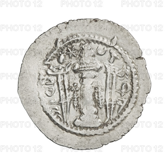 Drachma of Kavadh I (r. 488–496 and 498–531). Obverse: bust of Kavadh I facing right wearing a crown with ribbons, decorated with a crescent and korymbos, a crescent in front, and two stars on either side of the crown; short curly beard, curly hair tied back, earring, beads and long chain around his neck, ribbons flowing from behind his shoulders, crescents on either side of the bust; three crescents with a star in the center outside the rim; Pahlavi legend. Reverse: fire altar; on the left the ruler facing forward holding a sword, on the right a priest facing forward holding a sword; star at top left and crescent at top right; signs/monograms on both sides; pearl rim; Pahlavi legend. Sassanid art/style; Persia (Iran). Date: 488–497, 499–531. Coin: diameter 27.5 × 28.0 mm, weight 4.06 g.