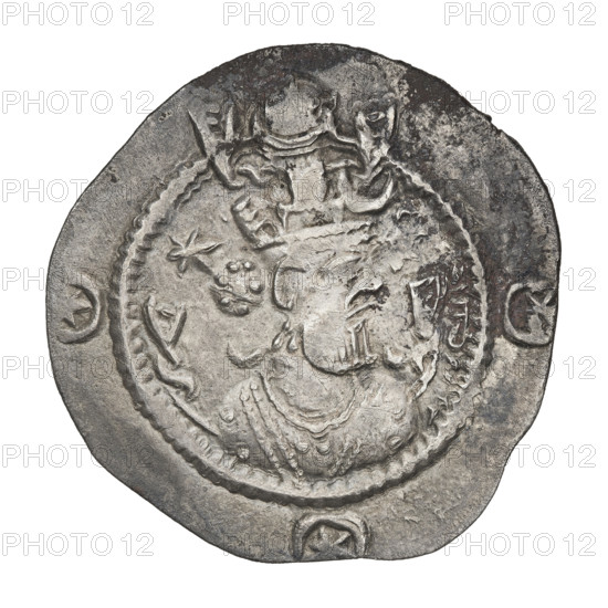 Drachma of Kavadh I (ruler of Persia; 488–496 and 498–531). Obverse: bust of Kavadh I facing right; wearing a crown topped by a crescent containing a globe, a crescent in front of the helmet, ribbons flowing from the helmet to right and left, stars on both sides of the helmet, short curly beard, curly hair tied back, an earring, beads and a long chain at the neck, ribbons flowing from behind the shoulders, crescents on both sides of the bust; three crescents with a star in the center outside the rim. Pahlavi inscription. Reverse: burning altar; at left the ruler/Arsaces standing facing, holding a sword; at right a priest standing facing, holding a sword; star at top left, crescent at top right, signs/monograms on both sides; pearl rim. Pahlavi inscription. Date: 488–497, 499–531. Persia. Coin; weight 3.77 g.