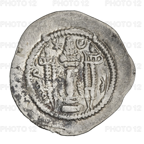 Drachma of Kavadh I (ruler of Persia; 488–496 and 498–531). Obverse: bust of Kavadh I facing right wearing a crown topped by a crescent enclosing a globe (representation of the universe), a crescent in front of the helmet, ribbons flowing from the helmet to right and left, stars on both sides of the helmet; short curly beard, curly hair tied back, earring, beads and a long chain around his neck, ribbons flowing from behind the shoulders, crescents on both sides of the bust; three crescents with a star in the center in the outer rim. Pahlavi inscription. Reverse: burning altar; to its left the ruler/Arsaces standing facing forward with a sword, to the right a priest standing facing forward holding a sword; star at upper left, crescent at upper right, signs/monograms on both sides; pearl rim. Pahlavi inscription. Date: 488–497, 499–531. Persia. Coin; weight 3.77 g.