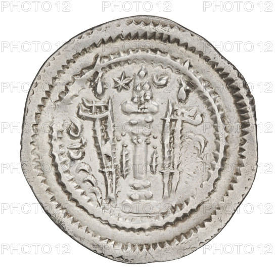 Drachma of Kavadh I (ruler of Persia, reigns 488–496 and 498–531). Obverse: bust of Kavadh I facing right; wearing a crown with a crescent and korymbos, a crescent on the front of his helmet, stars on both sides; short curly beard, curly hair tied back, earring, beads and long chain at his neck, ribbons flowing from behind his shoulders, crescents on both sides of the bust; outside the rim three crescents with a star in the center. Pahlavi legend. Reverse: fire altar; left of altar the ruler stands facing forward holding a barsom, right of altar a priest stands facing forward holding a barsom; star at top left, crescent at top right, signs/monograms on both sides; pearl rim. Pahlavi legend. Date: 488–497, 499–531. Persia. Coin: diameter 26.0 × 29.0 mm, weight 3.05 g.