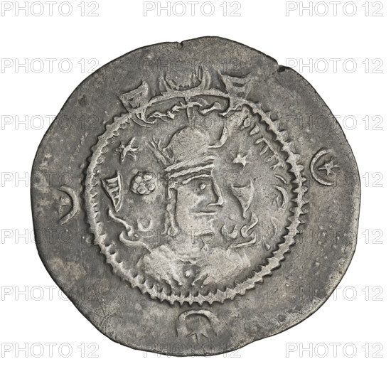 drachma, Kavadh I (ruler of Persia; 488–496 and 498–531); Persia, 488–497, 499–531. Obverse: bust of Kavadh I facing right; crown with ribbons, on the crown a crescent and above it a korymbos, in front a crescent, stars on both sides; short curly beard, curly hair tied back, earring in one ear, beads and long chain around the neck, ribbons flowing behind the shoulders; crescents on both sides of the bust; three crescents with a star in the center outside the rim. Pahlavi legend. Reverse: fire altar; left of altar the ruler stands facing forward holding a sword, right of altar a priest stands facing forward holding a sword; star at top left, crescent at top right, signs/monograms on both sides; pearl rim. Sassanid art; Sassanid Kingdom. Coin: diameter 27.0 × 28.0 mm; weight 3.45 g.