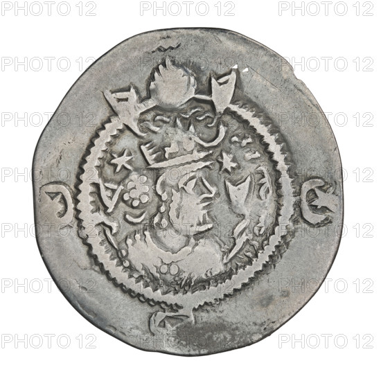 Drachma of Kavadh I (r. 488–496, 498–531). Obverse: bust of Kavadh I facing right wearing a crown with ribbons, decorated with a crescent and korymbos, a crescent in front, two stars beside the crown; short curly beard, curly hair tied back, earring, beads and long chain around his neck, ribbons flowing from behind his shoulders, crescents on either side of the bust; three crescents with a star in the center outside the rim; Pahlavi legend. Reverse: fire altar; left of altar the ruler facing forward holding a sword, right of altar a priest facing forward holding a sword; star top left and crescent top right; signs/monograms on both sides; pearl rim; Pahlavi legend. Sassanid art; Persia (Iran); 488–497, 499–531. Coin; diameter 28.0–29.0 mm; weight 3.84 g.