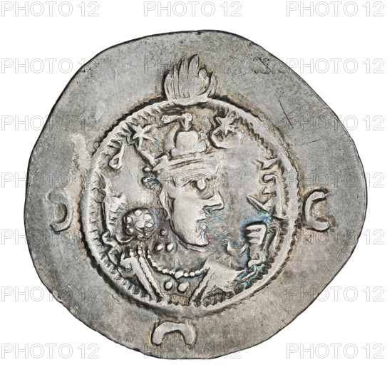 Drachma, Khosroes I Anoshirvan (ruler of Persia; 531–579). Obverse: bust of Khosroes I facing right; crown with a diadem, crescent with a star on the right, star on the left; short curly beard, hair tied back in a lock; beads on the neck with a central group of three triangular beads and a second long chain; earring of three triangular beads; three crescents outside the rim; incomprehensible sign on the crown like a flag waving left; above the crown outside the rim a sign like a crescent with a globe; Pahlavi inscription. Reverse: burning altar; left of the altar the ruler/Arsaces stands facing forward with a sword in his hand; right of the altar a priest stands facing forward holding a sword; star at top left, crescent at top right; signs/monograms on both sides; pearl rim; Pahlavi inscription. Date: 537–579. Medium: coin. Weight: 4.50 g.