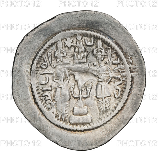 Drachma, Khosroes I Anoshirvan (ruler of Persia; 531–579). Obverse: bust of Khosroes I facing right; wearing a crown with a diadem, to the right a crescent with a star, to the left a star; short curly beard, hair tied back in a lock; beads on the neck (central one three triangular beads) and a second long chain around the neck; earring of three triangular beads; outside the rim three crescents; on the crown an incomprehensible sign like a flag waving left, above the crown outside the rim a sign like a crescent with a globe; Pahlavi inscription. Reverse: burning altar; left of altar the ruler/Arsaces stands facing forward holding a sword, right of altar a priest stands facing forward holding a sword; star at top left and crescent at top right; signs/monograms on both sides; pearl rim; Pahlavi inscription. Date: 537–579. Origin: Persia. Object type: coin. Weight: 4.50 g.