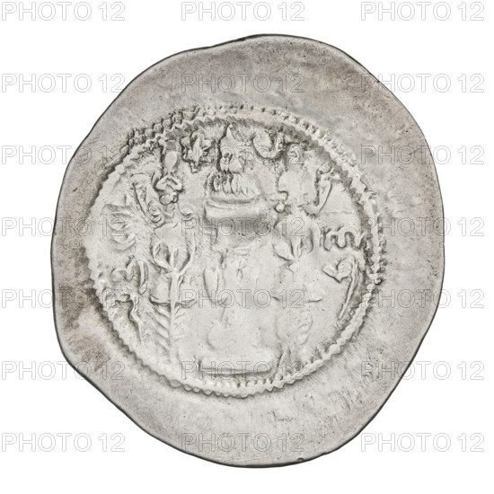 Drachma of Khosroes II Anoshirvan (ruler of Persia; 531–579). Obverse: bust of Khosroes I facing right; crown on a diadem, right crescent with a star, left star; short curly beard, hair tied back in a lock; beads on the neck with central three triangular beads, an additional long chain around the neck, earring of three triangular beads; outside the rim three crescents; Pahlavi legend. Reverse: fire altar; to its left the ruler stands facing forward holding a barsom, to its right a priest stands facing forward holding a barsom; top left a star, top right a crescent; signs/monograms on both sides; pearl border; Pahlavi legend. Sassanid art, Sassanid Kingdom; motifs include busts, swords, altars, crowns, wings, moons, korymbos; Iran/Persia. Date: 537–579. Coin: diameter 28.5 × 31.0 mm, weight 4.13 g.