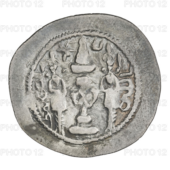 Drachma, Khosroes II Anoshirvan (ruler of Persia; 531–579). Obverse: bust of Khosroes I facing right; crown topped with a korymbos, crescent with a star at right, a star at left; short curly beard, hair tied back in a lock; beads on his neck (central one three triangular beads), an additional long chain, earring of three triangular beads; outside the rim three crescents; Pahlavi legend. Reverse: fire altar; at left the ruler facing forward holding a sword, at right a priest facing forward holding a sword; top left a star, top right a crescent, signs/monograms on both sides; pearl rim; Pahlavi legend. Date: 537–579. Persia (Sassanid). Sassanid art. Coin: diameter 28.5 × 29.0 mm, weight 4.00 g.
