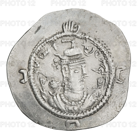 Drachma of Khosroes II Anoshirvan (ruler of Persia; 531–579). Obverse: bust of Khosroes I facing right; wearing a crown with a diadem, crescent with a star on the right, star on the left; short curly beard, hair tied back in a lock; beads on the neck with central three triangular beads, an additional long chain around the neck, earring of three triangular beads; outside the rim three crescents; Pahlavi legend. Reverse: fire altar; to its left the ruler stands facing forward holding a sword, to the right a priest stands facing forward holding a sword; top left a star and top right a crescent; signs/monograms on both sides; pearl rim; Pahlavi legend. Sassanid art; Sassanid Kingdom; korymbos. Date: 537–579. Persia (Iran). Coin: diameter 30.0 mm, weight 3.89 g.
