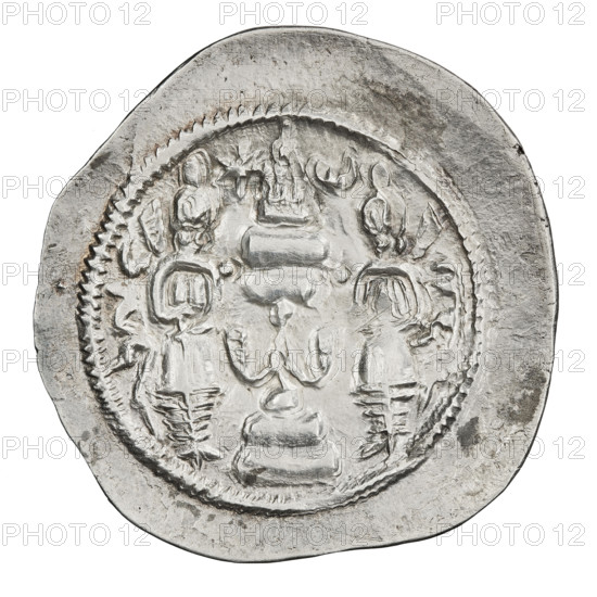 drachma, Khosroes II Anoshirvan (ruler of Persia; 531–579); coin (drachma), Persia, 537–579. Obverse: bust of Khosroes I facing right; wearing a crown with a diadem, to the right a crescent with a star, to the left a star; short curly beard, hair tied back in a lock; beads on the neck (central one three triangular beads) and a second long chain; earring of three triangular beads; three crescents outside the rim. Pahlavi legend. Reverse: fire altar; left of altar the ruler standing facing forward holding a sword; right of altar a priest standing facing forward holding a sword; top left a star, top right a crescent; signs/monograms on both sides; pearl rim. Pahlavi legend. Sassanid art/style; motifs include swords, busts, altars, crowns, moons, korymbos. Coin diameter 30.0 mm, weight 3.89 g.
