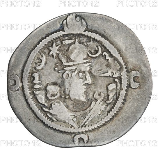 Drachma, Khosroes II Anoshirvan (ruler of Persia; 531–579). Obverse: bust of Khosroes I facing right; wearing a crown with a diadem, a crescent with a star on the right and a star on the left; short curly beard, hair tied back in a lock; beads on the neck (central bead is three triangular beads) and a second long chain around the neck; earring of three triangular beads in the ear; outside the rim three crescents; on the crown an incomprehensible sign like a flag waving left; above the crown outside the rim a sign like a crescent with a globe; Pahlavi inscription. Reverse: burning altar; left of the altar the ruler/Arsaces stands facing forward holding a sword; right of the altar a priest stands facing forward holding a sword; star at top left and crescent at top right; signs/monograms on both sides; pearl rim; Pahlavi inscription. Date: 537–579. Persia. Coin; weight 3.50 g.