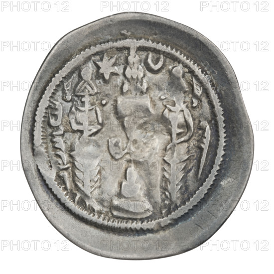 Drachma, Khosroes II Anoshirvan (ruler of Persia; 531–579). Obverse: bust of Khosroes I facing right; on the head a crown with a diadem, to the right a crescent with a star, to the left a star; short curly beard, hair tied back in a lock; beads on the neck (central one three triangular beads) and a second long chain around the neck; earring of three triangular beads; outside the rim three crescents; on the crown an incomprehensible sign like a flag waving to the left, above the crown outside the rim a strange sign like a crescent with a globe; Pahlavi inscription. Reverse: burning altar; left of it the ruler/Arsaces stands facing forward with a sword in his hand; right of it a priest stands facing forward holding a sword; top left a star, top right a crescent; signs/monograms on both sides; pearl rim; Pahlavi inscription. Date: 537–579. Place: Persia. Object: coin. Weight: 3.50 g.