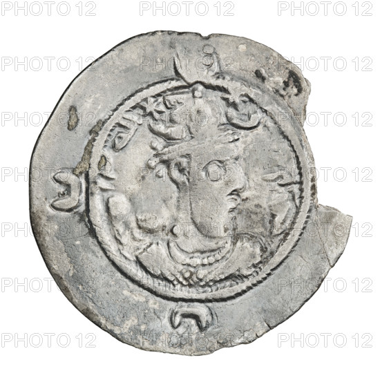 drachma, Khosroes II Anoshirvan (ruler of Persia; 531–579). Obverse: bust of Khosroes I facing right; crown with a diadem, to the right a crescent with a star, to the left a star; short curly beard, hair tied back in a lock; beads on the neck (central one three triangular beads) and a second long chain around the neck; earring of three triangular beads; outside the rim three crescents; on the crown an incomprehensible sign like a flag waving to the left; above the crown outside the rim a sign like a crescent with a globe; Pahlavi inscription. Reverse: burning altar; left of altar the ruler/Arsaces standing facing forward with a sword in his hand; right of altar a priest standing facing forward holding a sword; star at top left and crescent at top right; signs/monograms on both sides; pearl rim; Pahlavi inscription. Date: 537–579. Persia. Coin; weight 3.42 g.