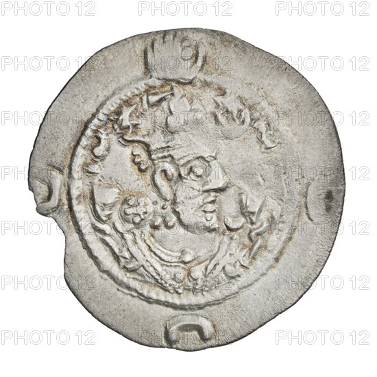 drachma, Khosroes II Anoshirvan (ruler of Persia; 531–579); Sassanid art. Obverse: bust of Khosroes I facing right; crown on a diadem, crescent with a star on the right, a star on the left; short curly beard, hair tied back in a lock; beads on the neck (central one three triangular beads) and a second long chain; earring of three triangular beads; three crescents outside the rim; Pahlavi legend. Reverse: fire altar; to its left the ruler stands facing forward with a sword; to the right a priest stands facing forward holding a sword; star top left, crescent top right; signs/monograms on both sides; pearl rim; Pahlavi legend. Date: 537–579. Persia (Iran). Coin (drachma). Diameter 27.5 × 29.0 mm; weight 3.40 g.