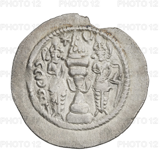 Drachma of Khosroes II Anoshirvan (ruler of Persia; r. 531–579). Obverse: bust of Khosroes I facing right; wearing a crown on a diadem, a crescent with a star to the right and a star to the left; short curly beard, hair tied back in a lock; beads on the neck (central one three triangular beads) and a second long chain around the neck; earring of three triangular beads; three crescents outside the rim; Pahlavi legend. Reverse: fire altar; left of altar the ruler stands facing forward with a sword in his hand; right of altar a priest stands facing forward holding a sword; star at top left, crescent at top right; signs/monograms on both sides; pearl rim; Pahlavi legend. Sassanid art; Sassanid Kingdom; motifs include altars, busts, swords, crowns, wings, moons; fire altar; korymbos. Date: 537–579. Persia (Iran). Coin: diameter 27.5 × 29.0 mm, weight 3.40 g.