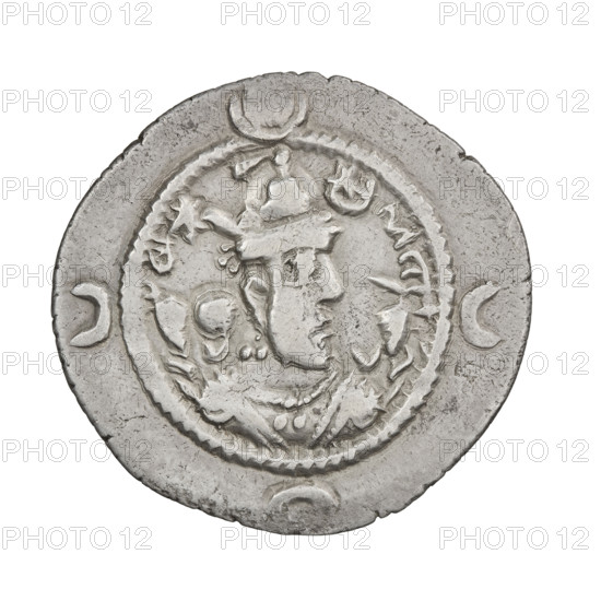 Drachma, Khosroes II Anoshirvan (ruler of Persia; r. 531–579). Obverse: bust of Khosroes I facing right; wearing a crown on a diadem, to the right a crescent with a star, to the left a star; short curly beard, hair tied back in a lock; beads on the neck with a central group of three triangular beads, an additional long chain around the neck, and an earring of three triangular beads; three crescents outside the rim. Pahlavi legend. Reverse: fire altar; left of altar the ruler stands facing forward holding a barsom, right of altar a priest stands facing forward holding a sword; star at top left and crescent at top right; signs/monograms on both sides; pearl rim. Pahlavi legend. Date: 537–579. Persia (Sassanid). Coin: drachma, diameter 27.0–28.0 mm, weight 4.05 g.