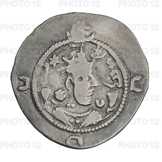 drachma, Khosroes II Anoshirvan (ruler of Persia; 531–579); obverse: bust of Khosroes I facing right wearing a crown on a diadem, crescent with a star to the right, a star to the left; short curly beard, hair tied back in a lock, beads on the neck (central one three triangular beads) and a second long chain around the neck, earring of three triangular beads; outside the rim three crescents; Pahlavi legend. Reverse: fire altar; left of altar the ruler stands facing forward with a sword, right of altar a priest stands facing forward holding a sword; top left a star, top right a crescent, signs/monograms on both sides; pearl rim; Pahlavi legend. Date: 537–579. Persia (Sassanid Kingdom). Coin (drachma): diameter 28.5 × 29.0 mm, weight 3.24 g. Sassanid art; motifs: busts, swords, crowns, wings, altars, moons, korymbos.